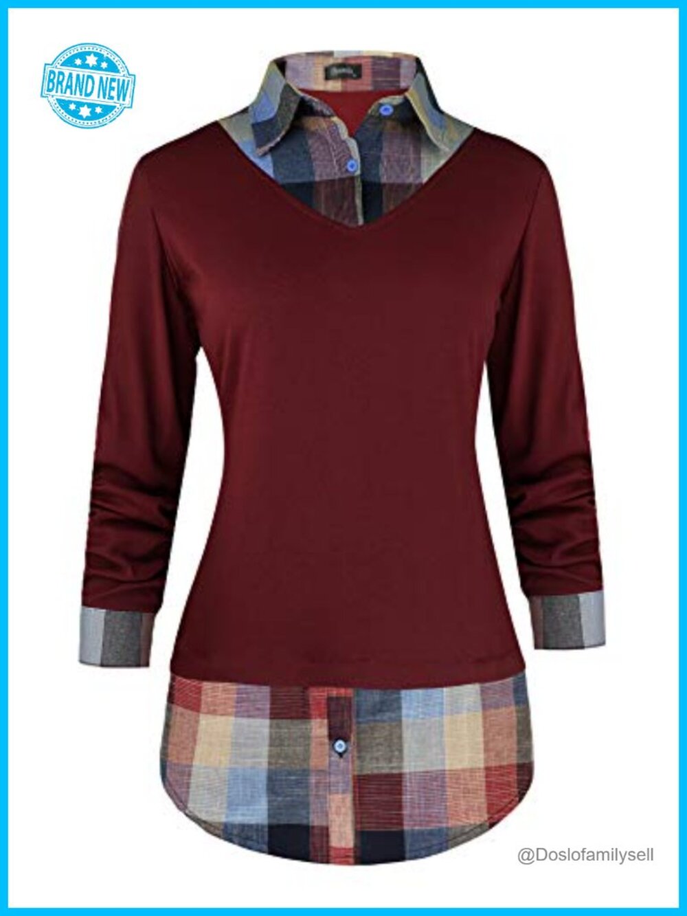 Women's 2 in 1 Collared Plaid Tunic Blouse Long Sleeve Pullover Top